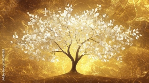 Fototapeta Elegant Golden Tree with White Leaves Symbolizing Growth, Prosperity, and Harmony in a Radiant Background