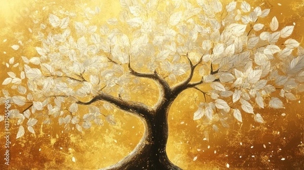 Fototapeta Elegant Tree with White Leaves Against a Gold Background, Capturing Tranquility and Harmony in Nature's Beauty