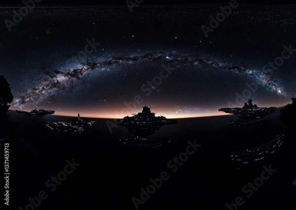 Fototapeta fleet of generation ships in deep space helmed by large-scale AI, their shapes silhouetted against a distant galaxy, shot with a 360-degree camera using a panoramic lens --v 6.1 --ar 7:5