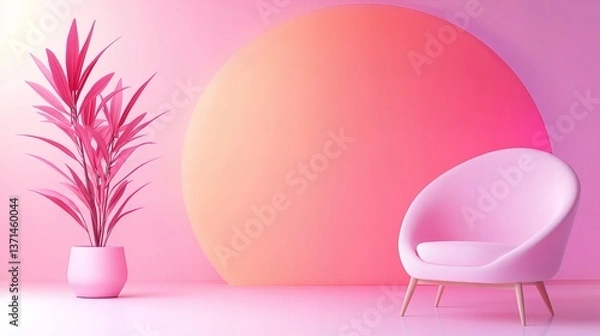 Fototapeta Pink armchair sits on a glossy floor with a potted plant and circular backdrop in a monochromatic room.