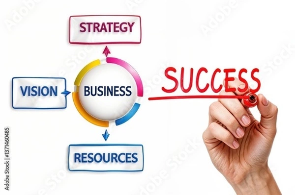 Obraz A hand writes success in bold red, illustrating the vital links between vision, strategy, and resources in achieving business goals. Creativity and planning are key.