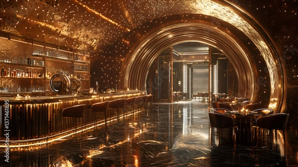 Fototapeta Luxury Bar and Restaurant Interior: Modern Design with Gold Accents and Chic Ambiance for Upscale Nightlife and Fine Dining Experience