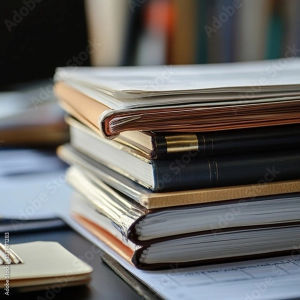 Fototapeta Stacked Folders and Documents on Desk in Office Environment