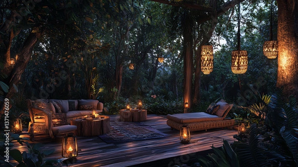Obraz Cozy outdoor lounge area illuminated by warm lantern light.