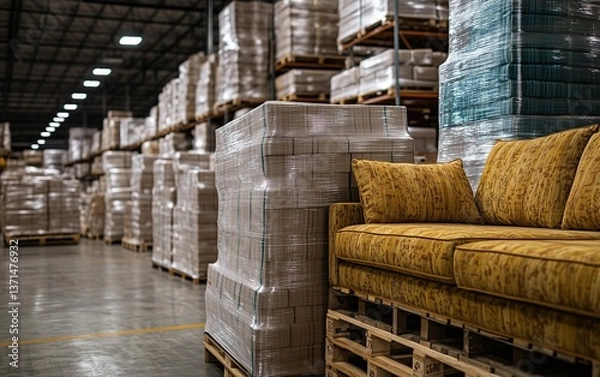 Fototapeta Sofa on Pallets in a Vast Warehouse, Rows of Stacked Packages Surround