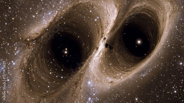 Fototapeta distant star being torn apart by gravity, showcasing black holes coiling around each other