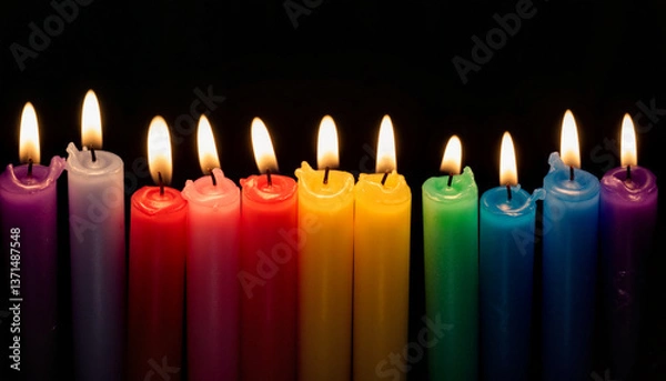 Fototapeta Colored candles glowing against a black background