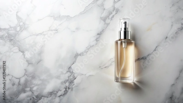 Fototapeta Surreal Bird's Eye View of Finishing Mist Bottle on Marble, Wide-Angle Landscape with Fresh Splash Effect for Creative Design Elements and Copy Space