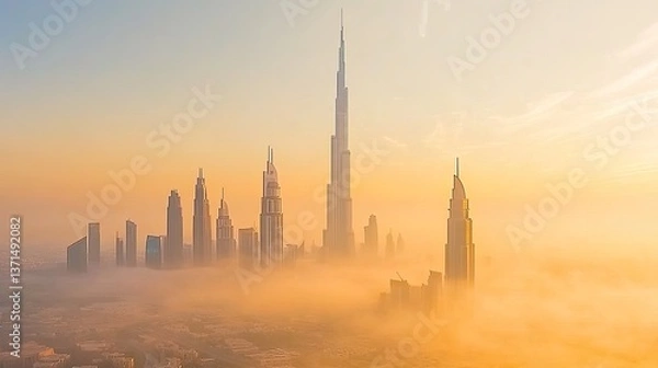 Fototapeta A breathtaking view of Dubai's skyline at sunrise, shrouded in mist, showcasing modern architecture
