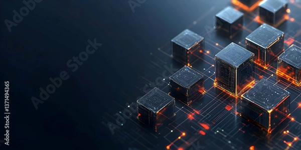 Fototapeta Digital cubes with orange glowing lights represent abstract technology background