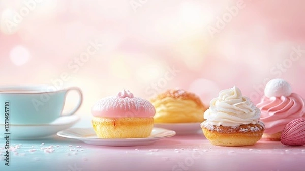 Fototapeta Assorted pastel-colored desserts displayed elegantly beside a cup of tea on a soft, blurred background