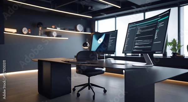 Fototapeta Bright office space with glass whiteboards.