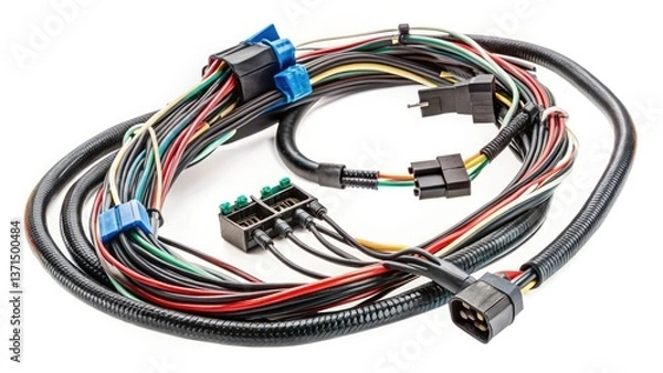Fototapeta Long Exposure Photo of Automotive Engine Wiring Harness, Isolated White Background, Clipping Path, Detailed Closeup