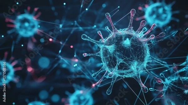 Fototapeta A digital hologram of the immune system, showing interconnected defense mechanisms against pathogens. The futuristic dark background represents advanced medical technology.