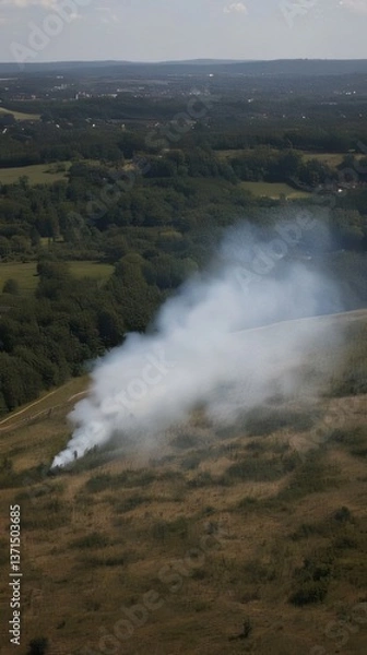 Fototapeta Smoke Rising From Field with Trees in Background Aerial View