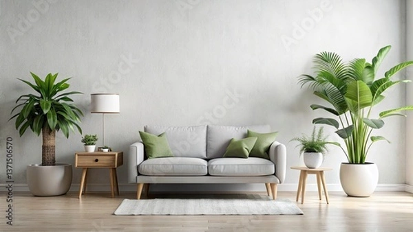Fototapeta Minimalist Living Room Night Photography: Gray Sofa, Green Plants, Interior Design