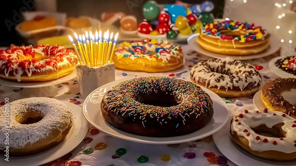 Fototapeta Photo Of Donuts Dessert With Candles On The Table And Colorful