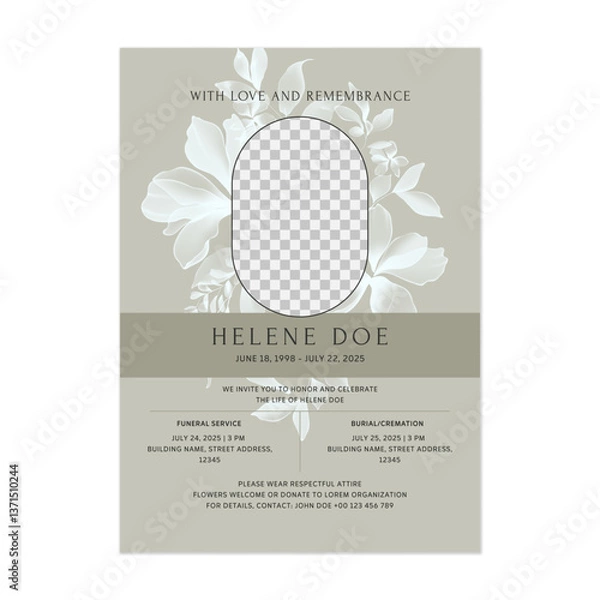 Obraz Floral funeral service invitation template features a translucent floral design and an oval placeholder for a photo on a soft green background. The overall tone is somber and respectful