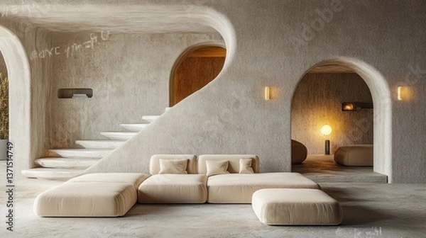 Fototapeta Minimalist Modern Interior Design with Soft Beige Sofa Arched Doorway and Floating Stairs