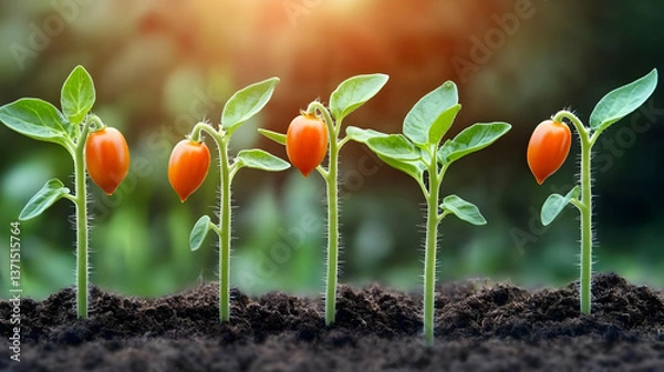 Fototapeta Photo Of Tomato Plants Growing In Soil Under Sunlight In A Green Background