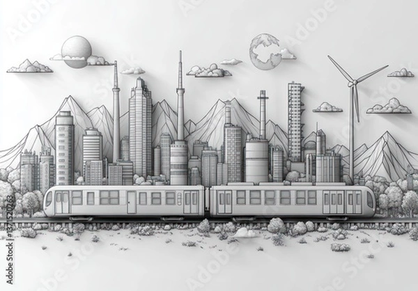 Obraz Industrial and Ecological Concept Illustration, Black-and-White Hand-Drawn Line Art of Factories, Wind Turbines, Solar Panels, and Nature