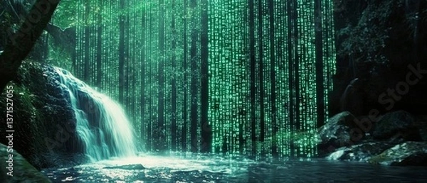 Fototapeta The fusion of nature and technology represented in a waterfall theme.