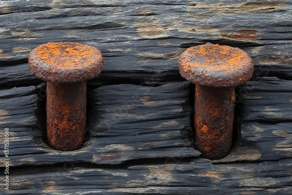 Obraz Rusty nail marks on old wood, deep and aged, telling a story of time, wear, and the lasting impact of human craftsmanship