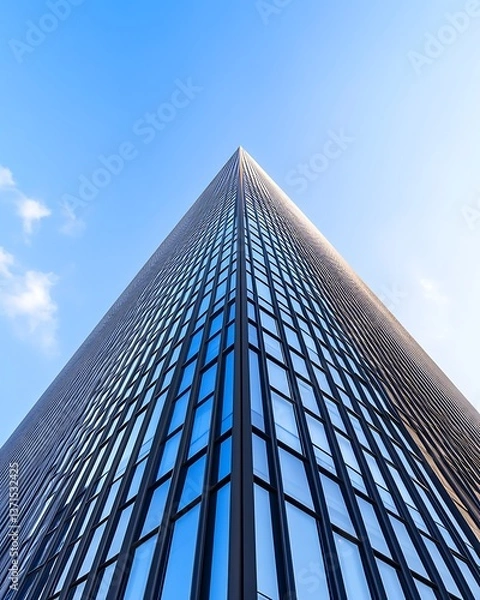 Fototapeta Modern office tower with geometric lines, vibrant reflections, and blue sky, ultra-realistic textures