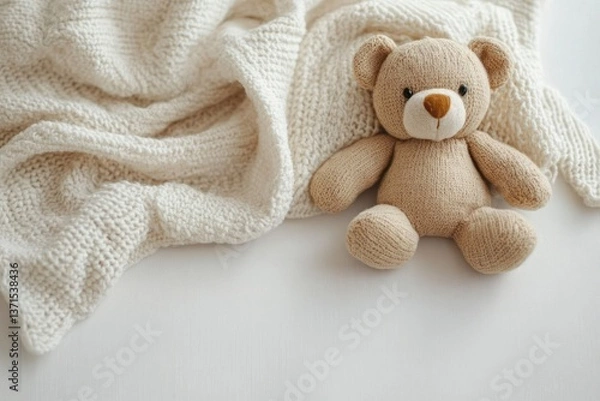 Fototapeta Minimalist Newborn Still Life with Teddy Bear and Knitted Blanket in Neutral Colors for Baby Nursery Concept