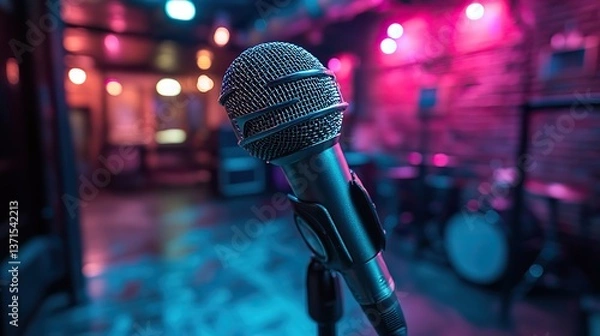 Fototapeta A chrome mic awaits a performer under pink and blue lights.