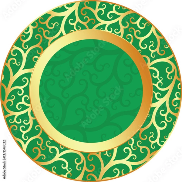 Fototapeta Vector round Easter green and golden gradient plate with golden patten isolated on transparent background