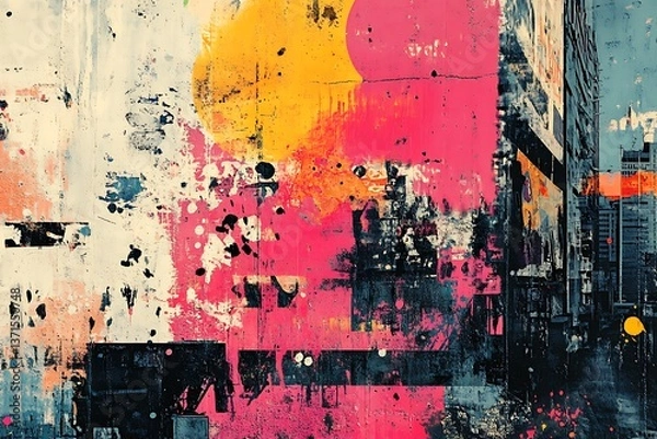 Fototapeta Urban street art with halftone overlays, where graffiti merges with digital textures to create a vibrant, chaotic explosion of color