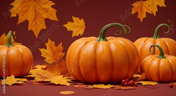 Fototapeta Autumn composition with pumpkins and fall leaves on a burgundy background