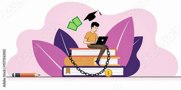 Fototapeta focused young man using laptop while sitting on a pile of books