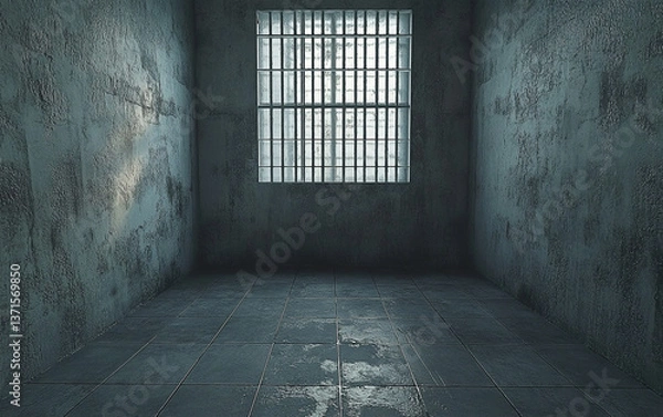 Fototapeta A stark gray prison cell with high concrete walls and barred window depicting confinement