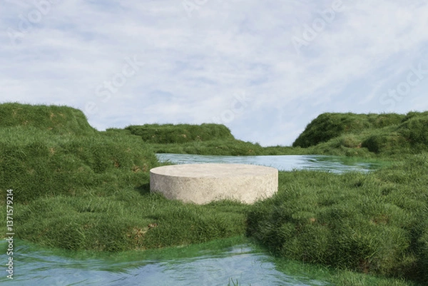 Fototapeta Abstract 3d render platform and mockup natural background, Stone podium on the grass field backdrop meadow, mountain and lake for product stand display, advertising or etc