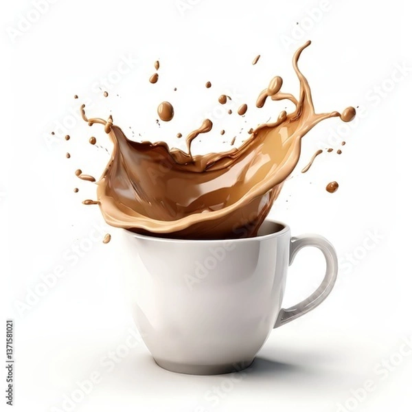Fototapeta an AI Image Generator, White Mug with Coffee Splash on Light Brown