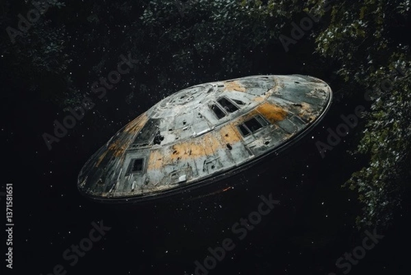 Fototapeta an abandoned alien ship drifting in space with visible punctures and faded paint on its hull