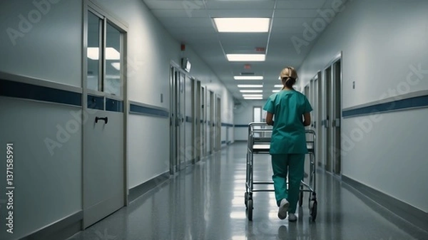 Obraz A healthcare worker in scrubs walks down a hospital corridor, pushing a cart. The bright, sterile environment emphasizes the importance of medical care.