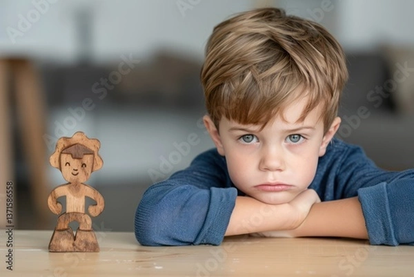 Obraz Caring therapist helping troubled child cope with emotions by hugging wooden man figurine in cozy office setting