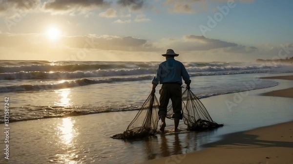 Obraz A serene moment captured as a man stands at the beach, holding a fishing net, with the sun setting over the waves, embodying the tranquility of coastal life.