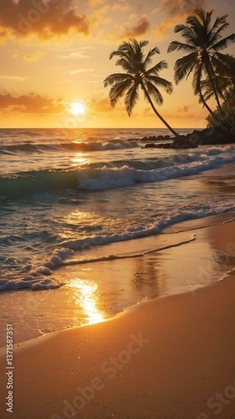Fototapeta A serene sunset beach scene with palm trees silhouetted against a colorful sky, waves gently lapping at the shore, creating a tranquil atmosphere.