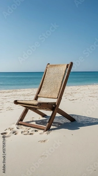 Fototapeta A simple wooden beach chair stands alone on a serene sandy shore, with gentle ocean waves lapping in the background, inviting relaxation and tranquility.