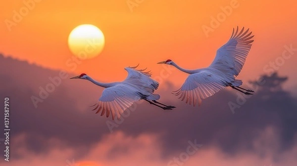Fototapeta Creating a serene scene of wildlife in its natural habitat, two red-crowned cranes soar gracefully over a misty mountain range, wings outstretched against warm sunset hues.