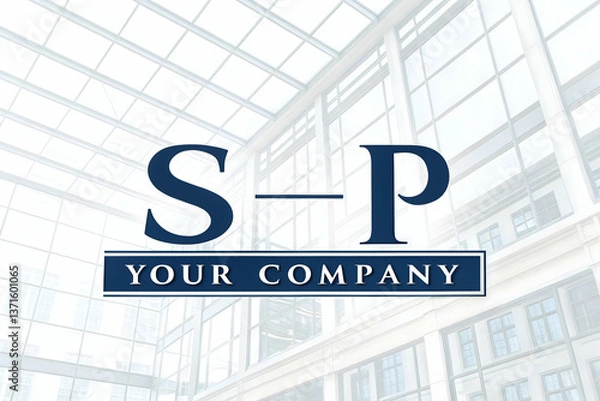 Fototapeta A professional and modern corporate logo design featuring elegant overlapping letters 'S' and 'P' in a bold, stylized font. The typography is clean and sophisticated, with a deep blue color scheme con