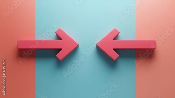 Fototapeta Illustrating the challenge of decision-making and the dilemma of choosing the right path, two pink arrows pointing in opposite directions are on a two-tone background.