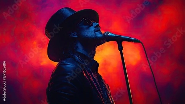 Obraz Male singer silhouette performs with a microphone, vibrant gradient background.