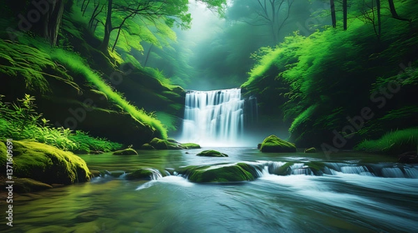 Fototapeta A beautiful waterfall is surrounded by lush green trees and a calm river