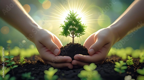 Fototapeta A person is holding a tree in their hands