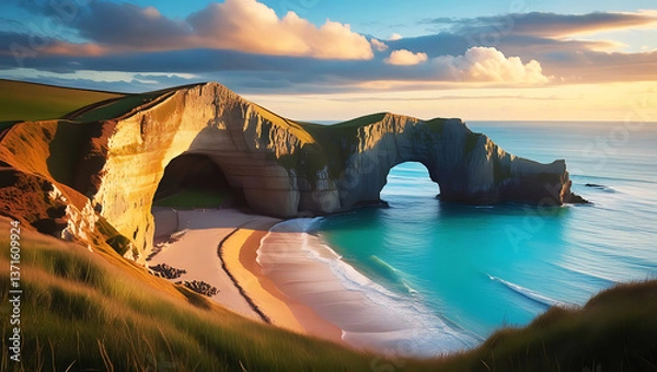 Fototapeta A beautiful beach with a large archway in the water